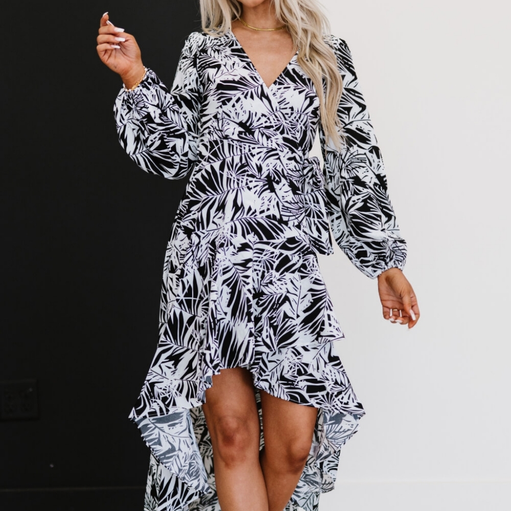 Vintage Vineyard Botanical Print High-Low Dress in Black